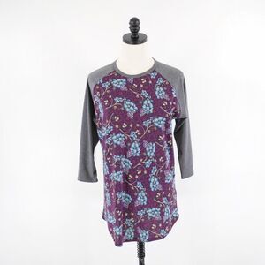 LuLaRoe Purple Blue Floral Baseball Tee 3/4‎ Sleeve Shirt Medium